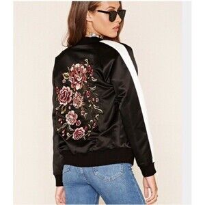 Forever 21+ Jacket Womens Black Full Zip Lined Embroidered Flowers Roses Sz 1X